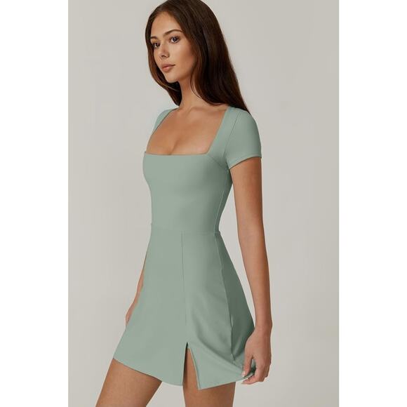 Tennis Dress for Women Square Neck, Skort w/ Pocket, Small, Smoke Green - Picture 6 of 8